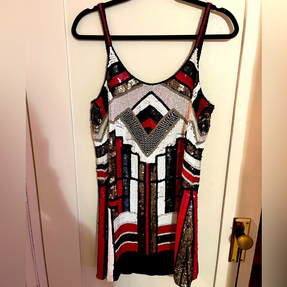 Parker Beaded Sequin Red Black Gold White Geometric Shift Dress